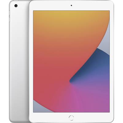Ein silbernes Tablet mit einem großen, bunten Display, das einen abstrakten Farbverlauf von Orange zu Pink und Blau zeigt.