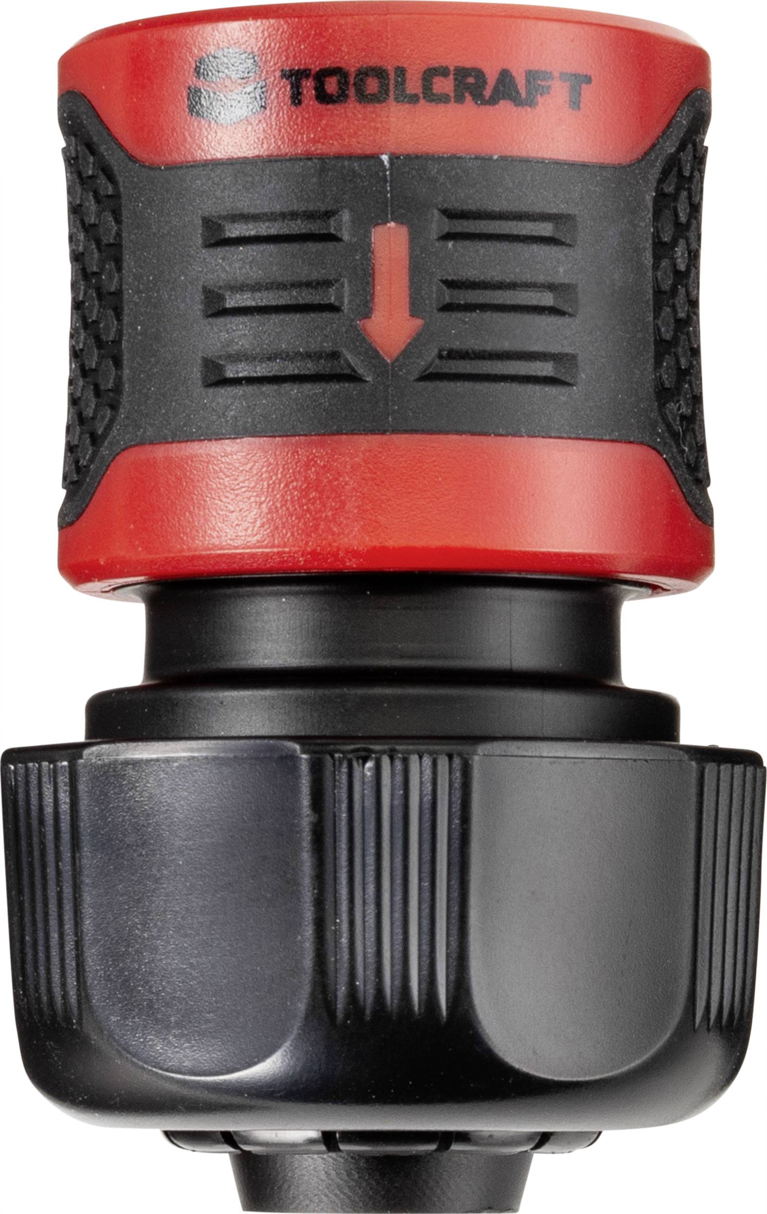 Ein roter, schwarzer Schraubenziehergriff von 'TOOLCRAFT', mit ergonomischem Design und Pfeilmarkierung, für präzise Handhabung.