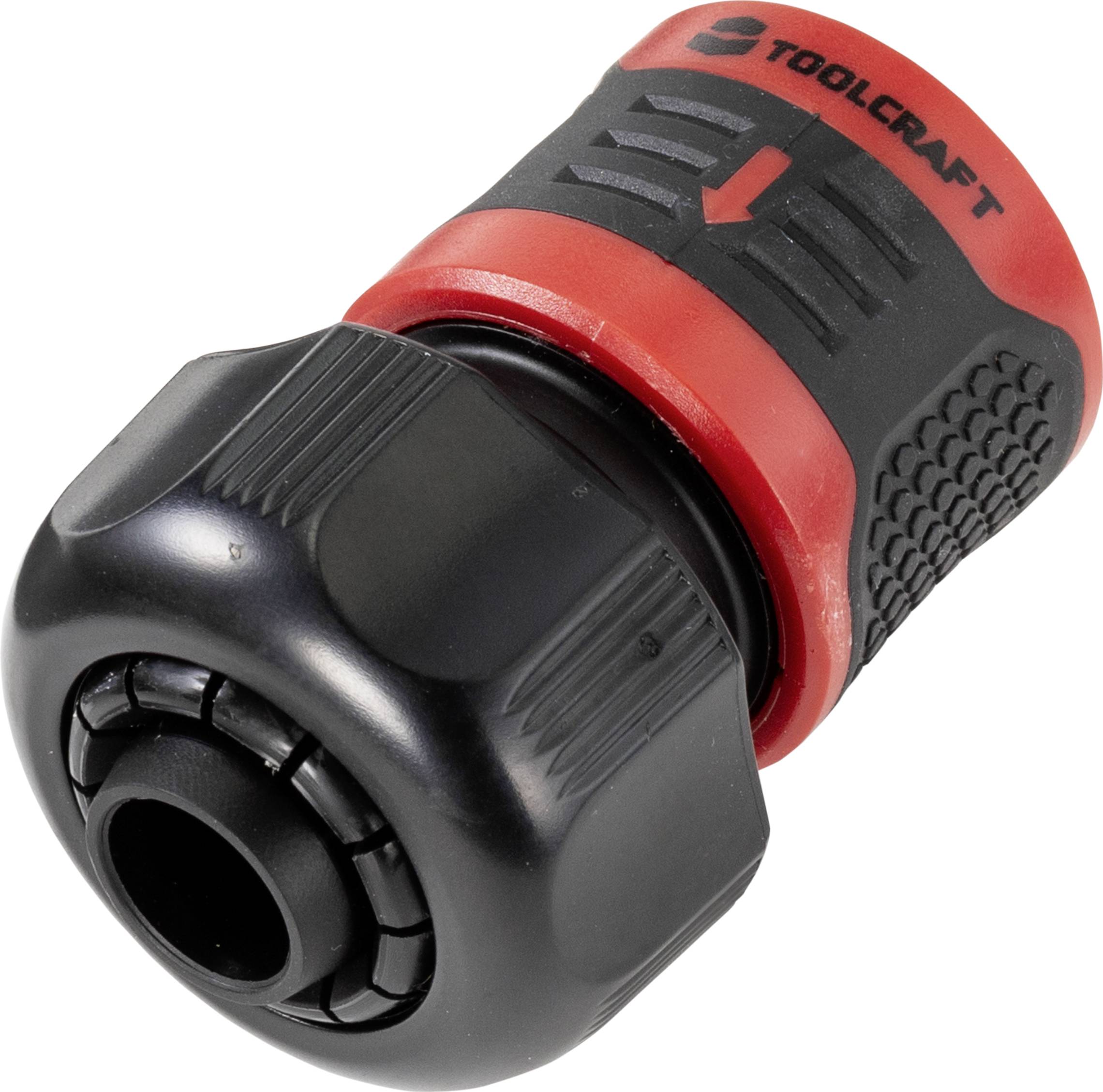 Schlauch-Schnellanschluss mit schwarzem und rotem Kunststoffgehäuse, Markenname 'Toolcraft' aufgedruckt, zeigt Pfeilrichtung.
