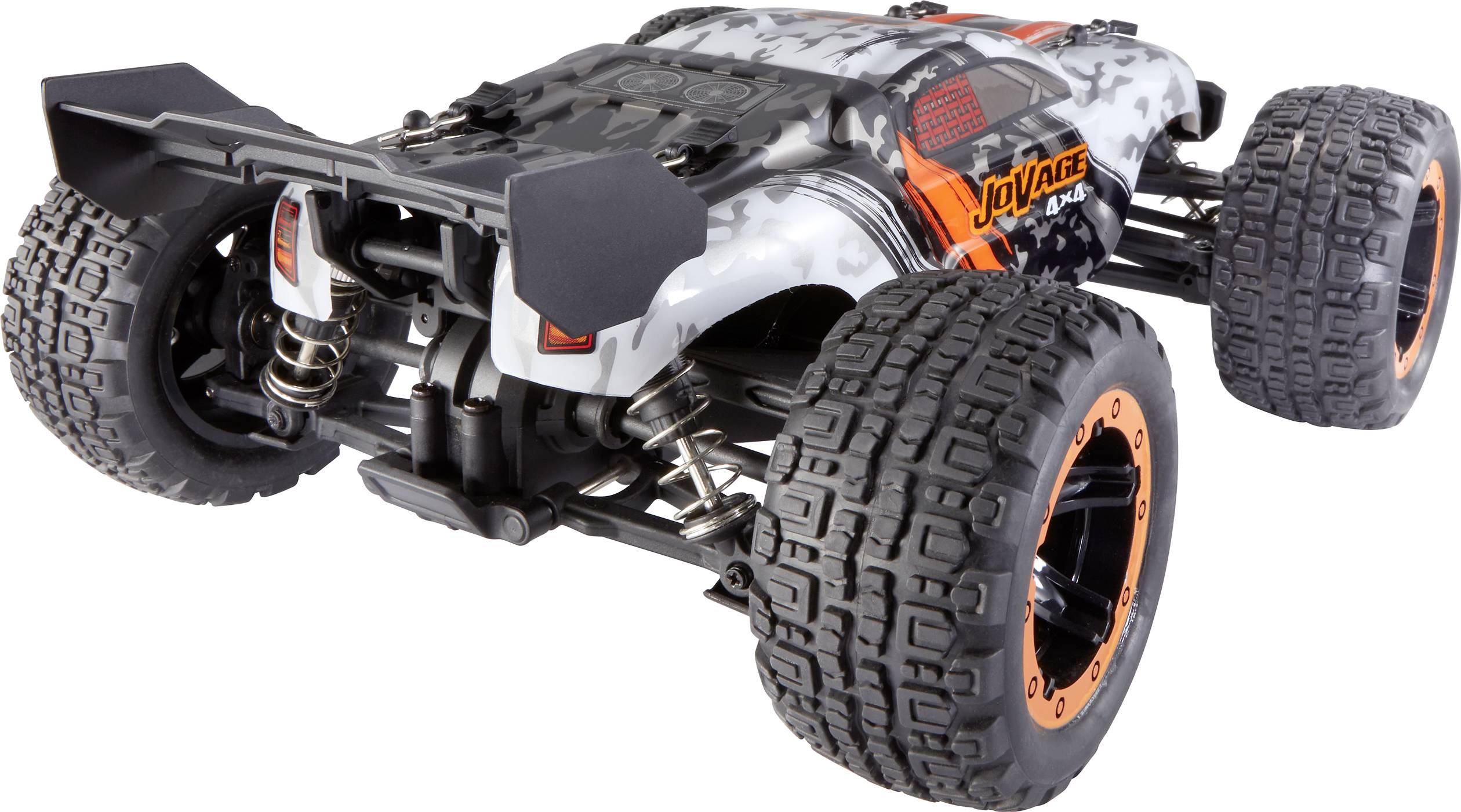 Ferngesteuertes Monstertruck-Modell in grau-schwarzem Tarnmuster und orangefarbenen Akzenten, von hinten betrachtet.