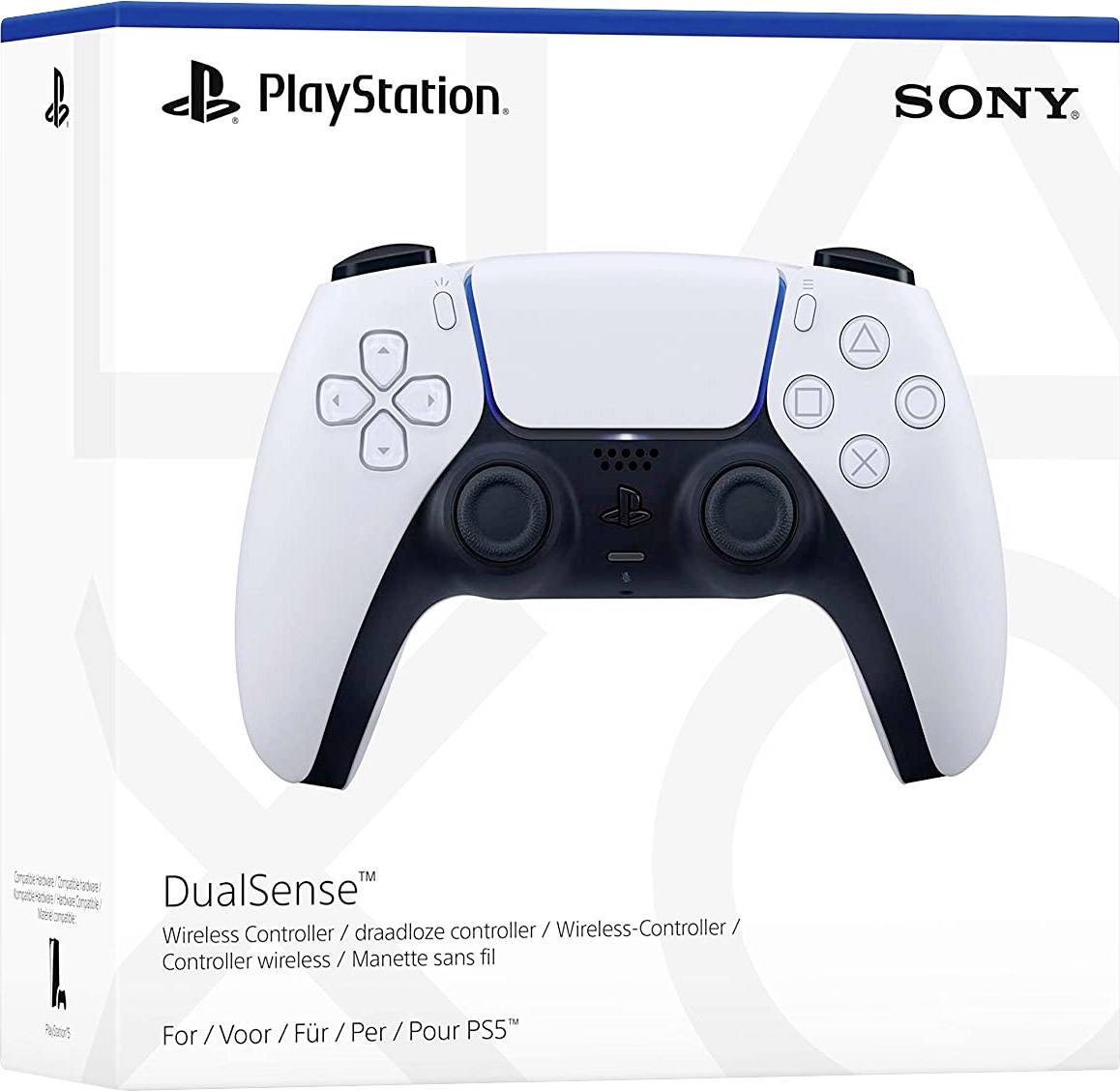 PlayStation DualSense-Controller-Verpackung, zeigt das kabellose, weiße Gamepad für die PS5 mit blauem Akzent und Tasten.