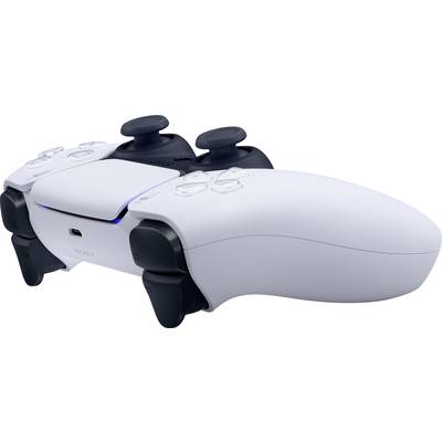 Ein weißer, kabelloser Videospielcontroller mit schwarzen Griffen und blauen LED-Leuchten auf einem weißen Hintergrund.