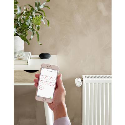 Eine Person steuert mit einem Smartphone die Heizkörpertemperatur in einem modernen Raum. Ein Tisch und eine Pflanze sind im Hintergrund.