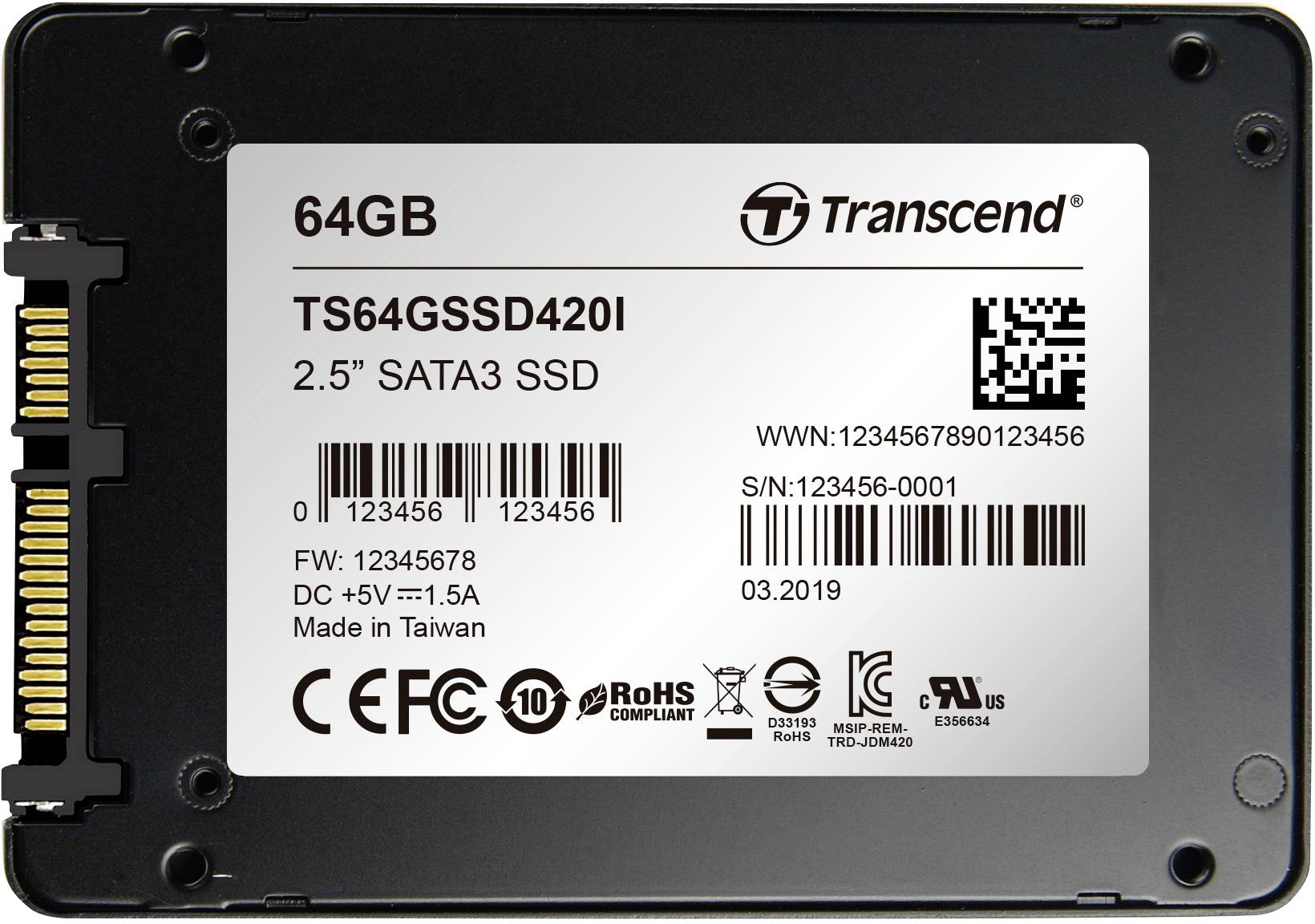 '64GB 2,5" SATA3 SSD von Transcend. Modellnummer TS64GSSD420I. Seriennummer aufgedruckt. Enthält CE- und RoHS-Symbole.'