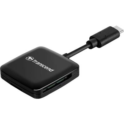 Ein schwarzer Transcend-Kartenleser mit USB-C-Anschluss, der verschiedene Speicherkartenformate unterstützt.