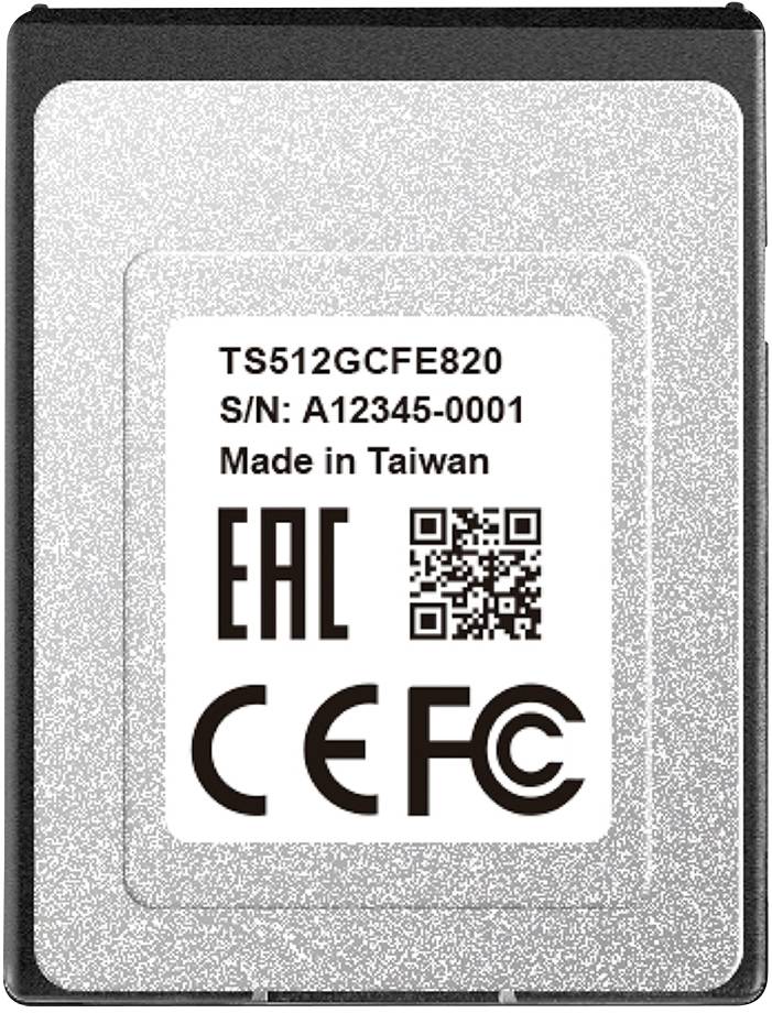 SSD mit der Aufschrift 'TS512GCFE820, S/N: A12345-0001, Made in Taiwan'. Enthält QR-Code und Zertifizierungen EAC und CE FC.