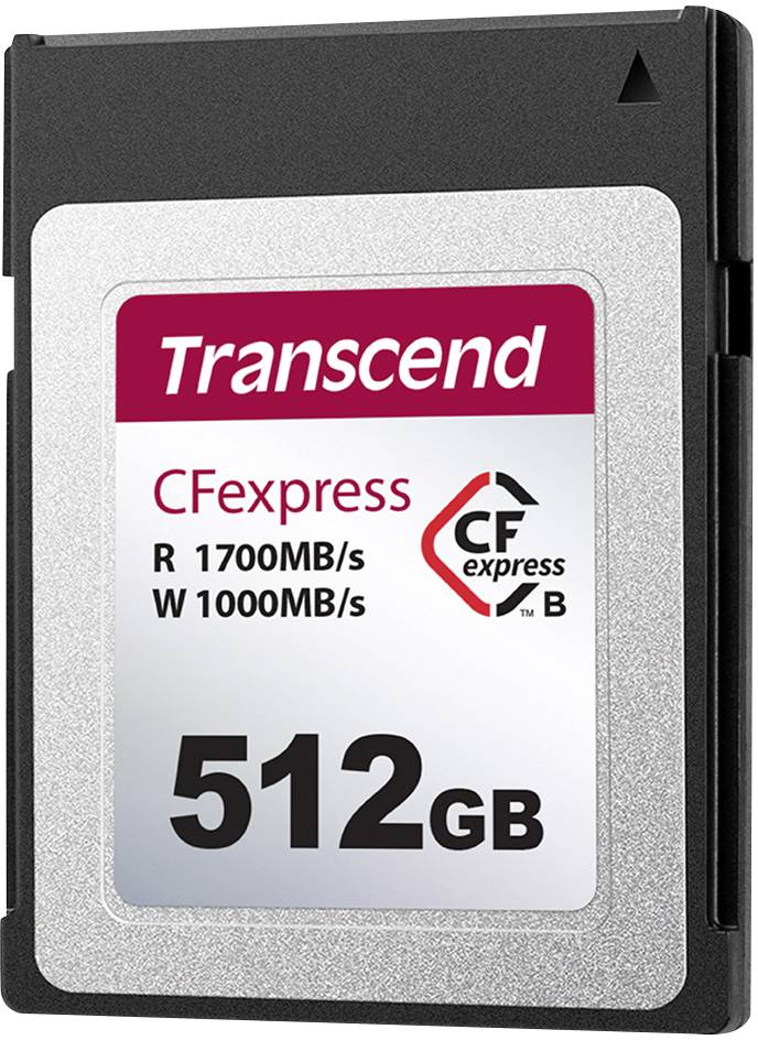 CFexpress-Speicherkarte, Marke Transcend, 512 GB, liest mit 1700 MB/s, schreibt mit 1000 MB/s.