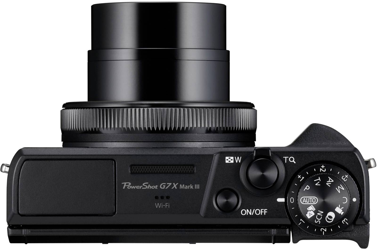 Eine digitale Kamera (PowerShot G7 X Mark III) von oben, mit ausgefahrenem Objektiv und sichtbarem Einstellrad für Aufnahmemodi.