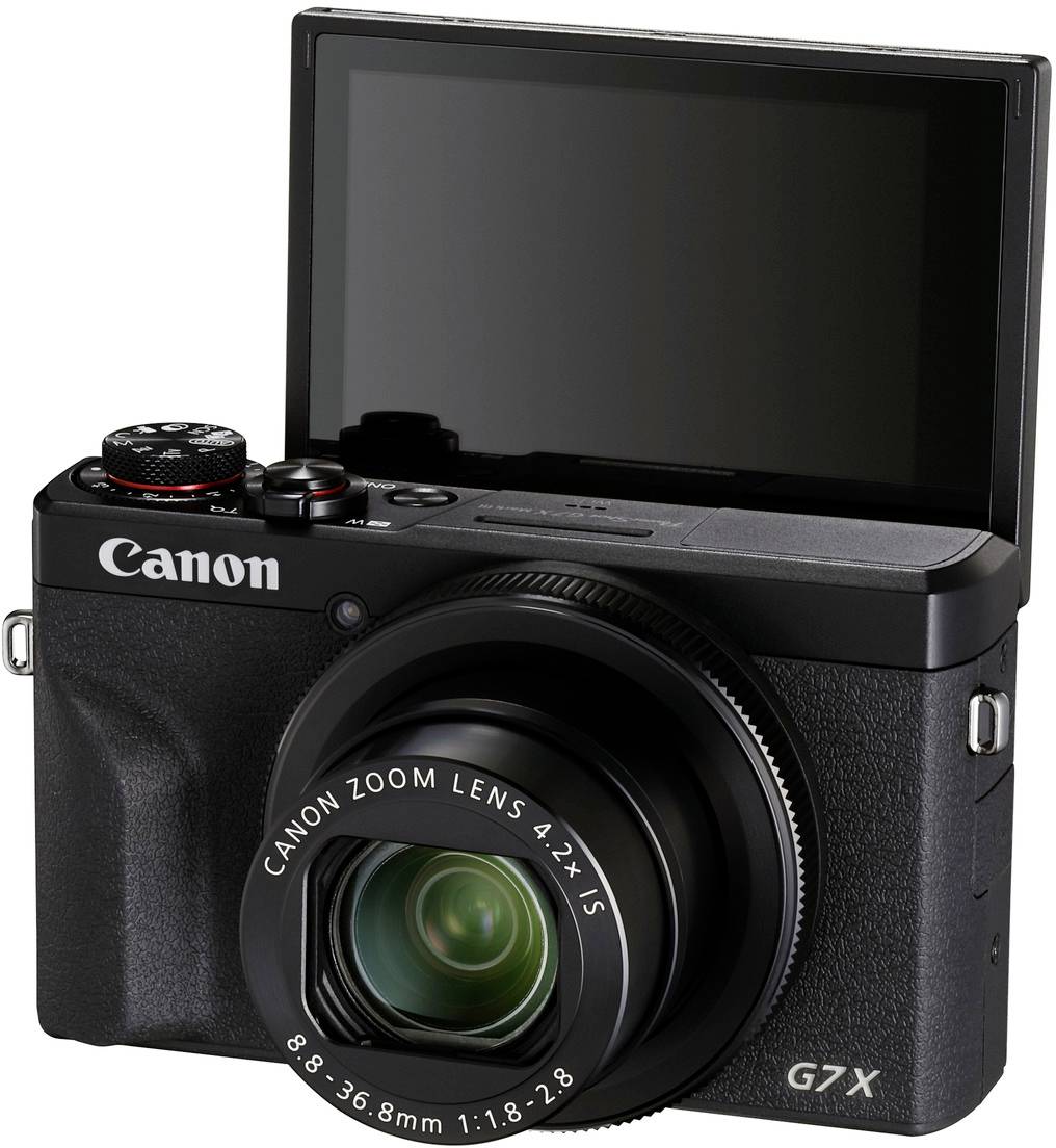 Schwarze Digitalkamera Canon G7 X mit ausgeklapptem Display und Zoom-Objektiv, geeignet für Fotografie.