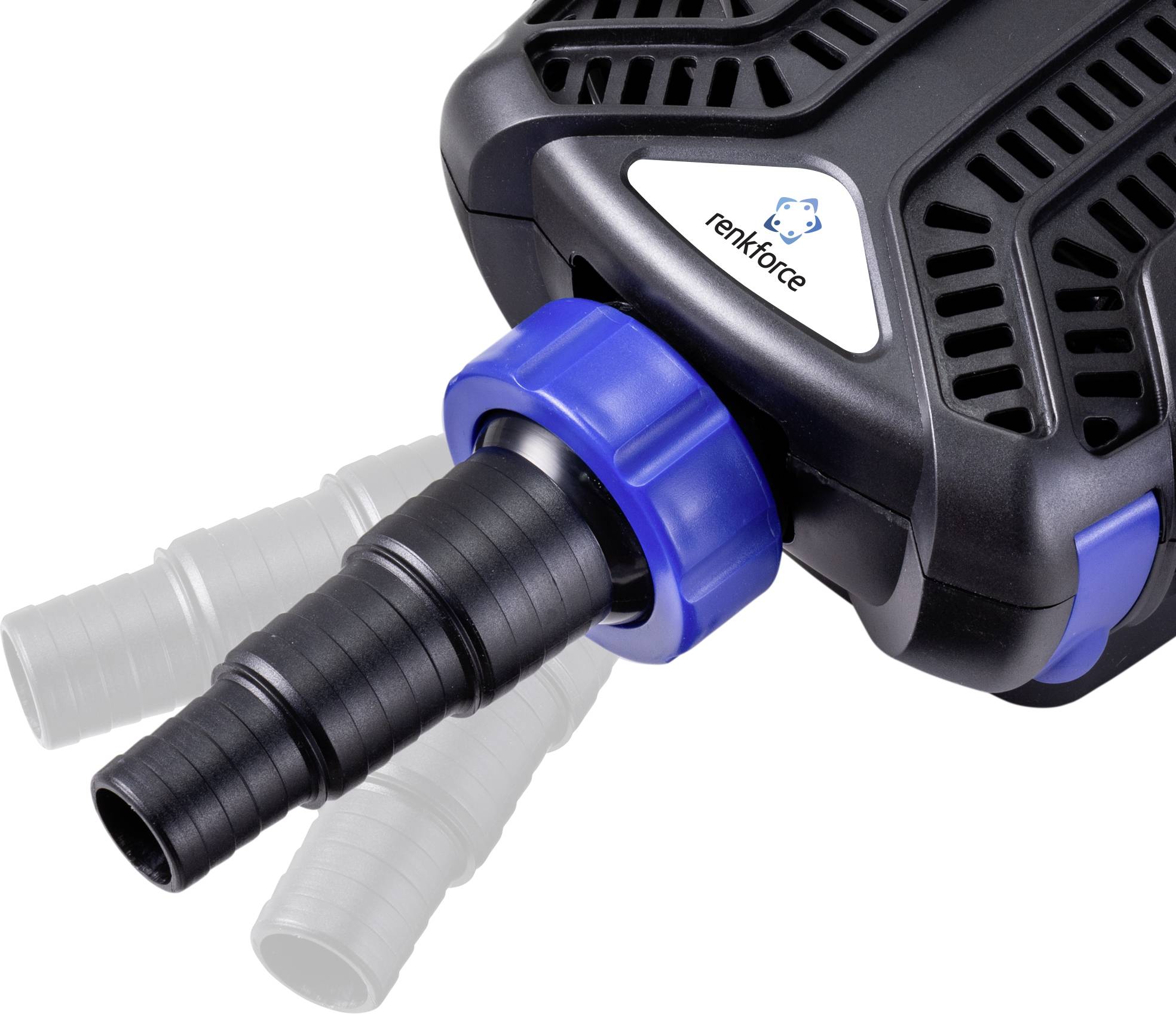 Schwarze Wasserpumpe mit blauem Drehknopf und mehreren Anschlüssen, geeignet für Schmutzwasserentfernung und Gartenanwendungen.