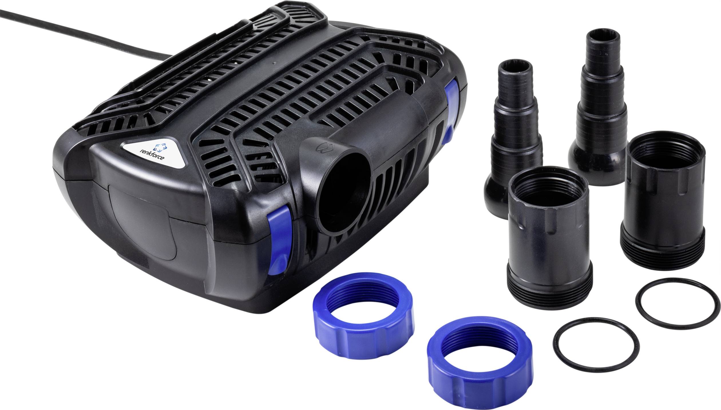 Ein schwarzer Teichfilter mit blauen Akzenten, umgeben von mehreren schwarzen und blauen Adapterringen sowie Dichtungsringen.