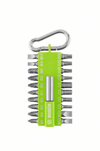 Grüner Bosch Bit-Satz mit 10 verschiedenen Bits und einem Halter, gesichert durch einen Metallclip, für vielseitige Schraubanwendungen.