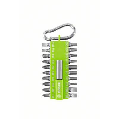 Grüner Bosch Bit-Satz mit 10 verschiedenen Bits und einem Halter, gesichert durch einen Metallclip, für vielseitige Schraubanwendungen.