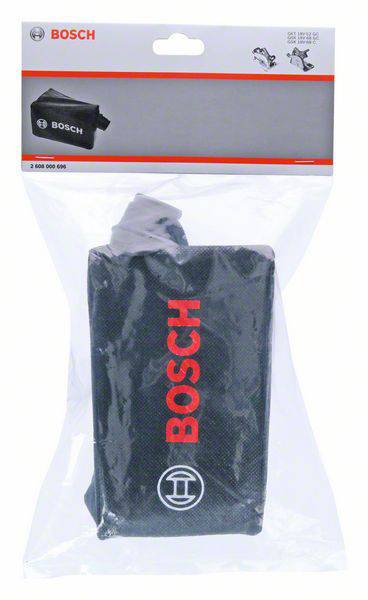 Verpackung mit einem schwarzen BOSCH-Staubbeutel, Logo in Rot und Weiß. Produkt für Arbeitsgeräte.