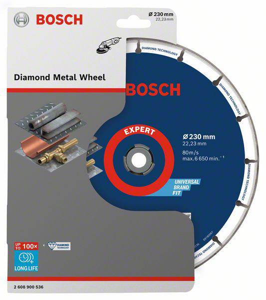 Metallsägeblatt von Bosch, 230 mm Durchmesser, geeignet für Metall. Verpackung zeigt Produktdetails und Anwendungen.