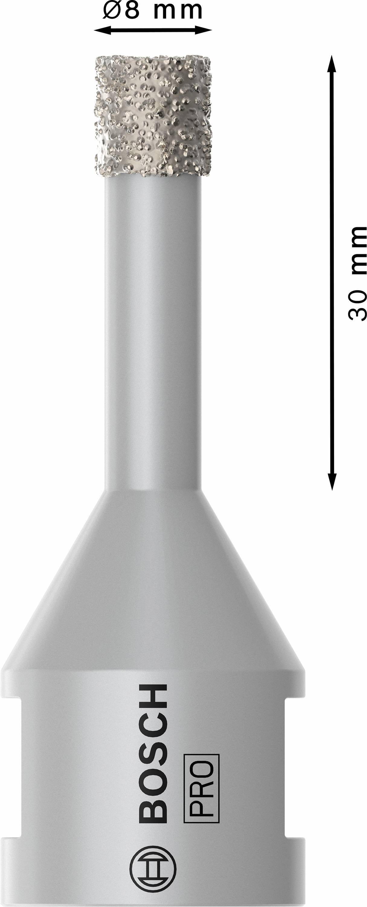 Bohraufsatz von Bosch, Durchmesser 8 mm, Länge 30 mm, mit Diamantbeschichtung für präzises Bohren in harte Materialien.