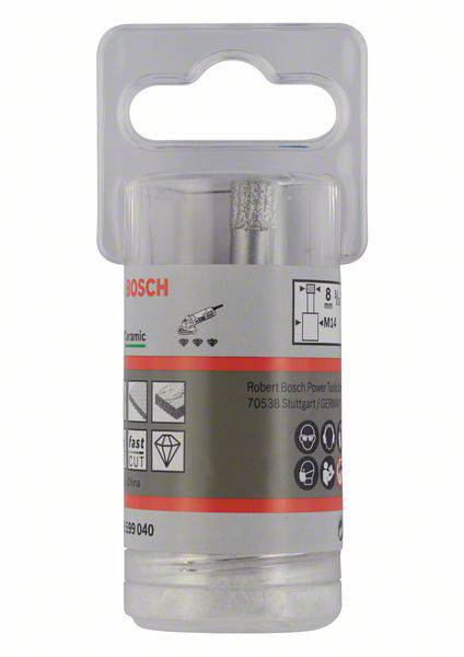 'Bosch' Diamantbohrer-Verpackung zeigt Details zum Bohrer für Keramik, inklusive Maße und Anwendungen. Produktbild mit Logos.