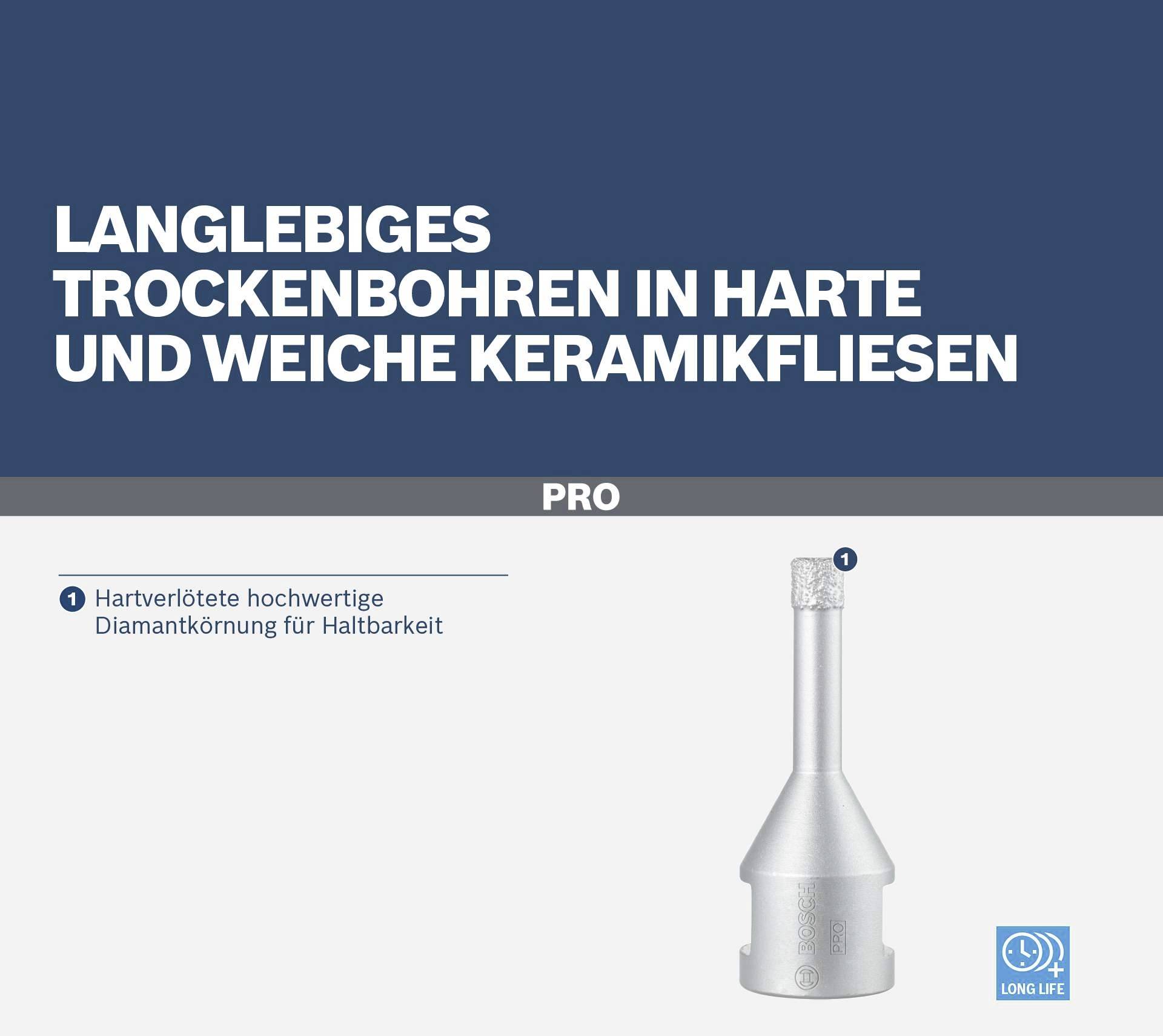 'Langlebige Trockenbohrkrone für harte und weiche Keramikfliesen. Hartverlötete Diamantkörnung für Haltbarkeit.' Produktabbildung.