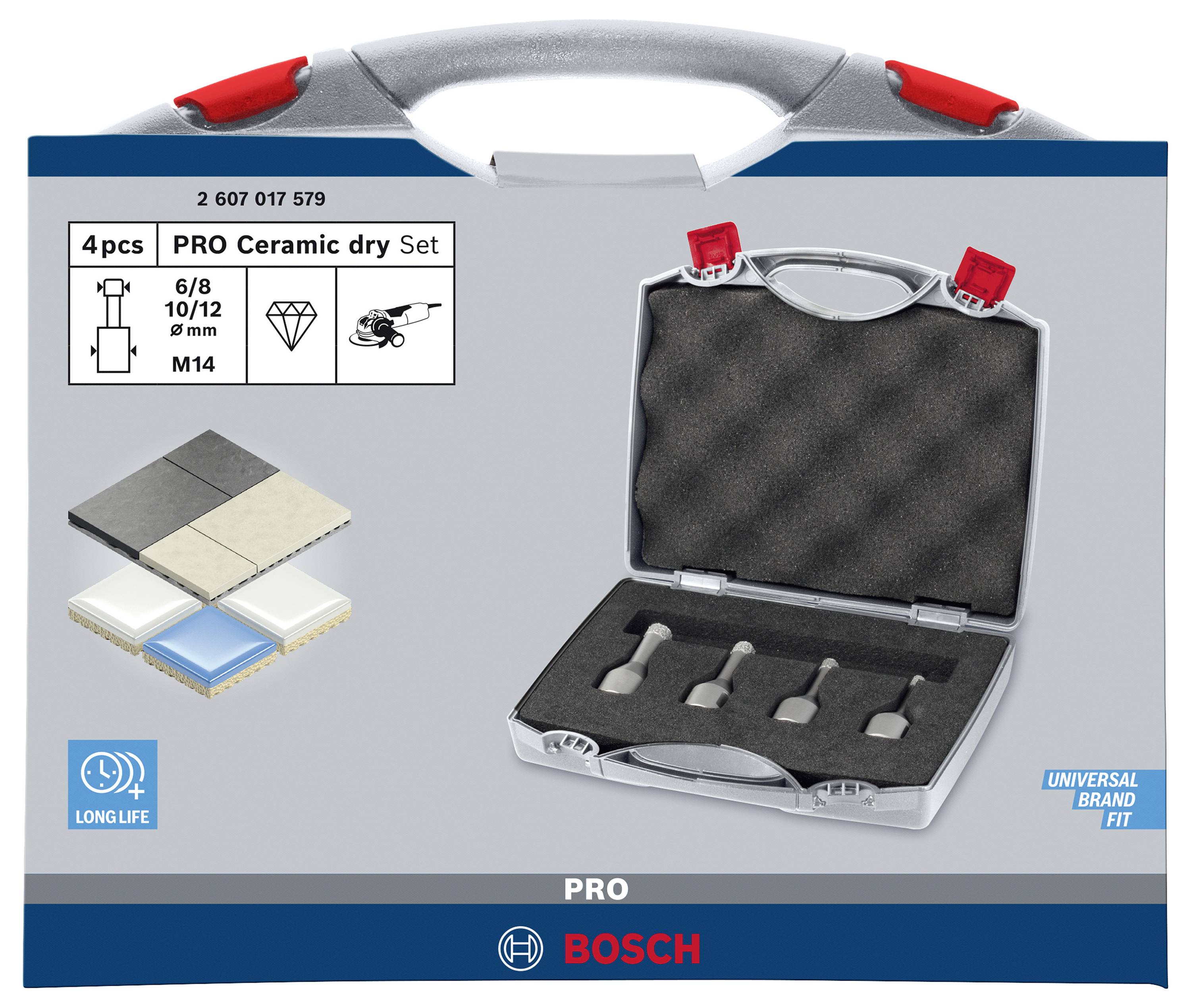 'PRO Ceramic dry Set' von Bosch mit vier Fliesenbohrern in einem Koffer, geeignet für Keramikfliesen. Beinhaltet zwei Skizzen: Größen/Adapter.