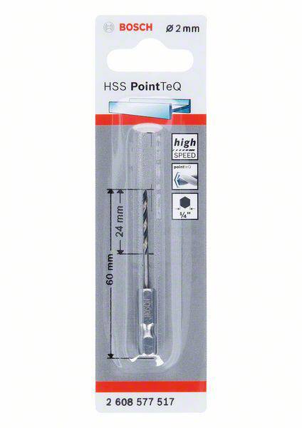 'Verpackung eines Bosch HSS PointTeQ Bohrers, Durchmesser 2 mm, Länge 60 mm, für hohe Geschwindigkeit und Präzision geeignet.'