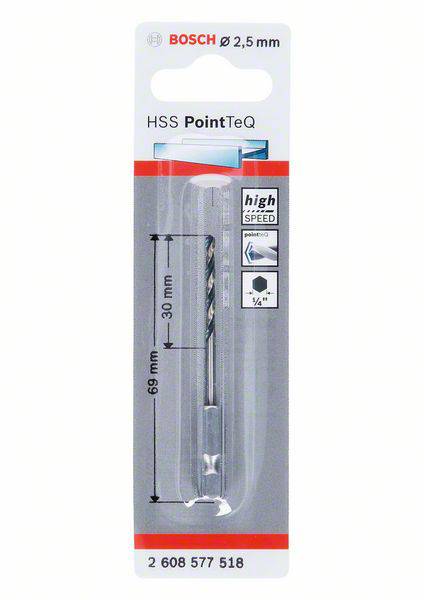 'Bosch HSS PointTeQ Metallbohrer, Ø 2,5 mm, Gesamtlänge 69 mm, Nutzlänge 30 mm, geeignet für Metallarbeiten, Artikelnummer: 2 608 577 518.'