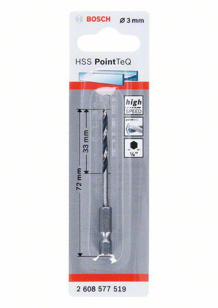 Bohrer von Bosch, 3 mm, HSS PointTeQ, geeignet für Metall. Verpackung zeigt den Bohrer und Spezifikationen wie 'High Speed'.
