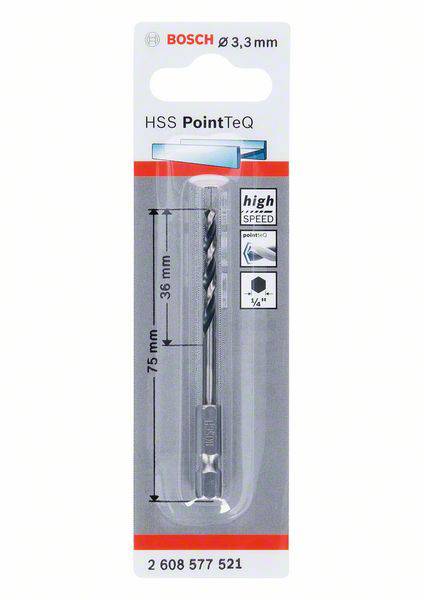 Bohrer von Bosch, 3,3 mm, HSS PointTeQ, geeignet für Metall und Holz. Verpackung kennzeichnet 'high speed' und Maßangaben.