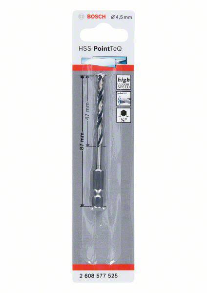 'Bosch HSS PointTeQ Bohrer, 4,5 mm, hohe Geschwindigkeit, Metallverpackung. Länge: 87 mm. Für Metallarbeiten geeignet.'