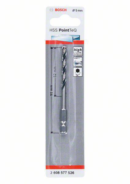 'Bohrer von Bosch, HSS PointTeQ, 5 mm. Geeignet für Metall und Holz. Länge: 91 mm. Mit hexagonalem Schaft für schnellen Bit-Wechsel.'