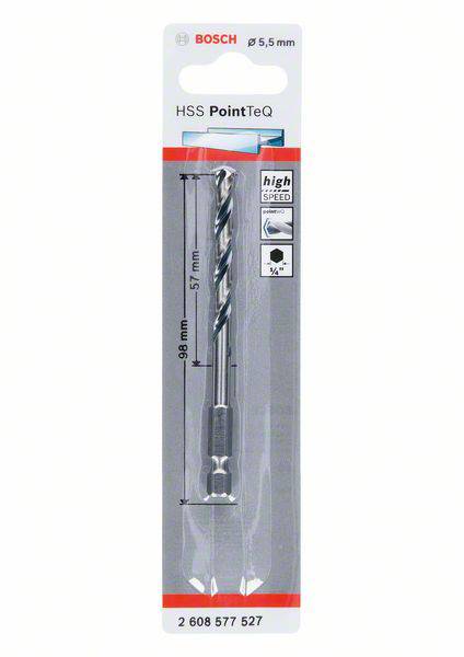 Bohrer von Bosch, 'HSS PointTeQ', 5,5 mm, 98 mm Länge. Verpackung zeigt das Produkt, geeignet für Metallbohrungen, hohe Geschwindigkeit.