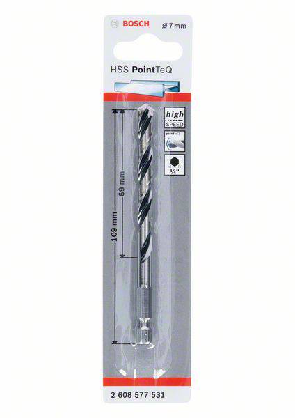 'Bosch HSS PointTeQ Metallbohrer Ø 7 mm, Länge 109 mm. Verpackung zeigt Bohrer mit Spiraldesign und Hinweis auf hohe Geschwindigkeit.'