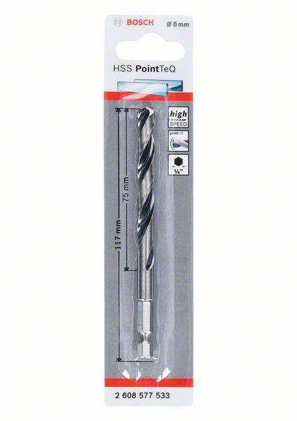 'Bosch HSS PointTeQ Bohrer 8 mm, 117 mm Länge, geeignet für Hochgeschwindigkeits-Bohrungen in Metall und Holz, Artikelnummer 2 608 577 533.'