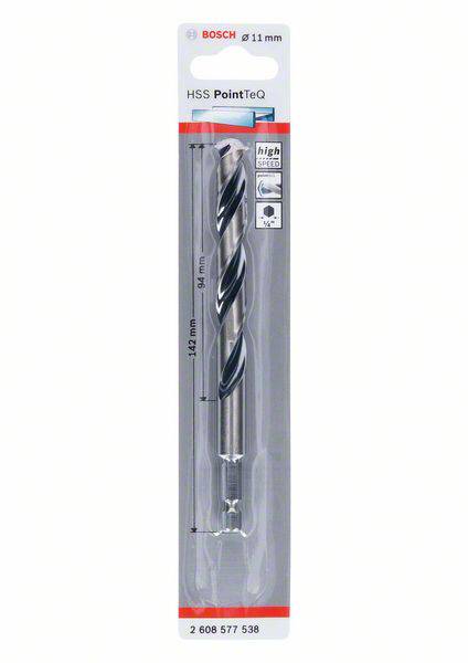 'Bosch HSS PointTeQ Bohrer, 11 mm, Länge 142 mm, geeignet für Metallbohrungen. Verpackung zeigt technische Spezifikationen.'