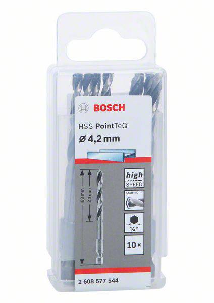 Bohrer-Set von Bosch, zehn HSS-Bohrer, Durchmesser 4,2 mm, geeignet für Metallbohrungen, hohe Geschwindigkeit. Verpackung transparent.