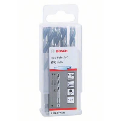 Bohrerpackung von Bosch mit der Aufschrift 'HSS PointTeQ, Ø 6 mm, high speed'. Enthält 10 Bohrer in einer transparenten Box.