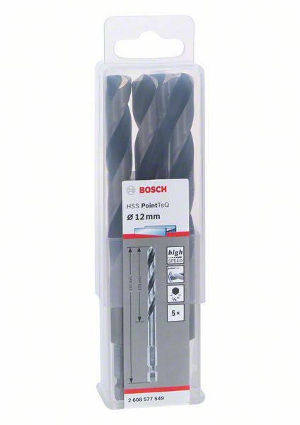 Bohrer-Set von Bosch im transparenten Etui, beschriftet mit 'HSS PointTeQ Ø 12 mm', enthält drei schwarze Metallbohrer.
