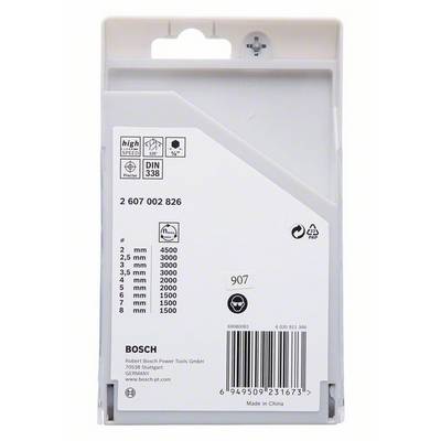 Die Abbildung zeigt eine Verpackung von Bosch HSS-Bohrern, geeignet für Metallarbeiten mit verschiedenen Durchmessern und Geschwindigkeiten.