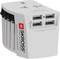Reiseadapter mit vier USB-Ports und internationalen Steckdosenanschlüssen, geeignet für verschiedene Länder. Marke: SKROSS.