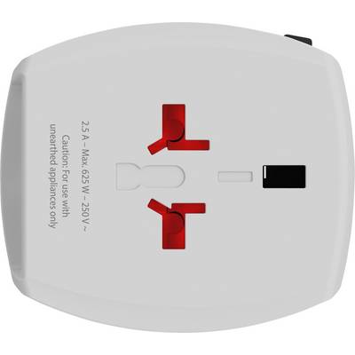 'Universal-Adapter mit zwei Steckdosen und roten Sicherheitsschaltern. Beschriftet mit: 2,5A Max 625W 250V. Nur für nicht geerdete Geräte.'