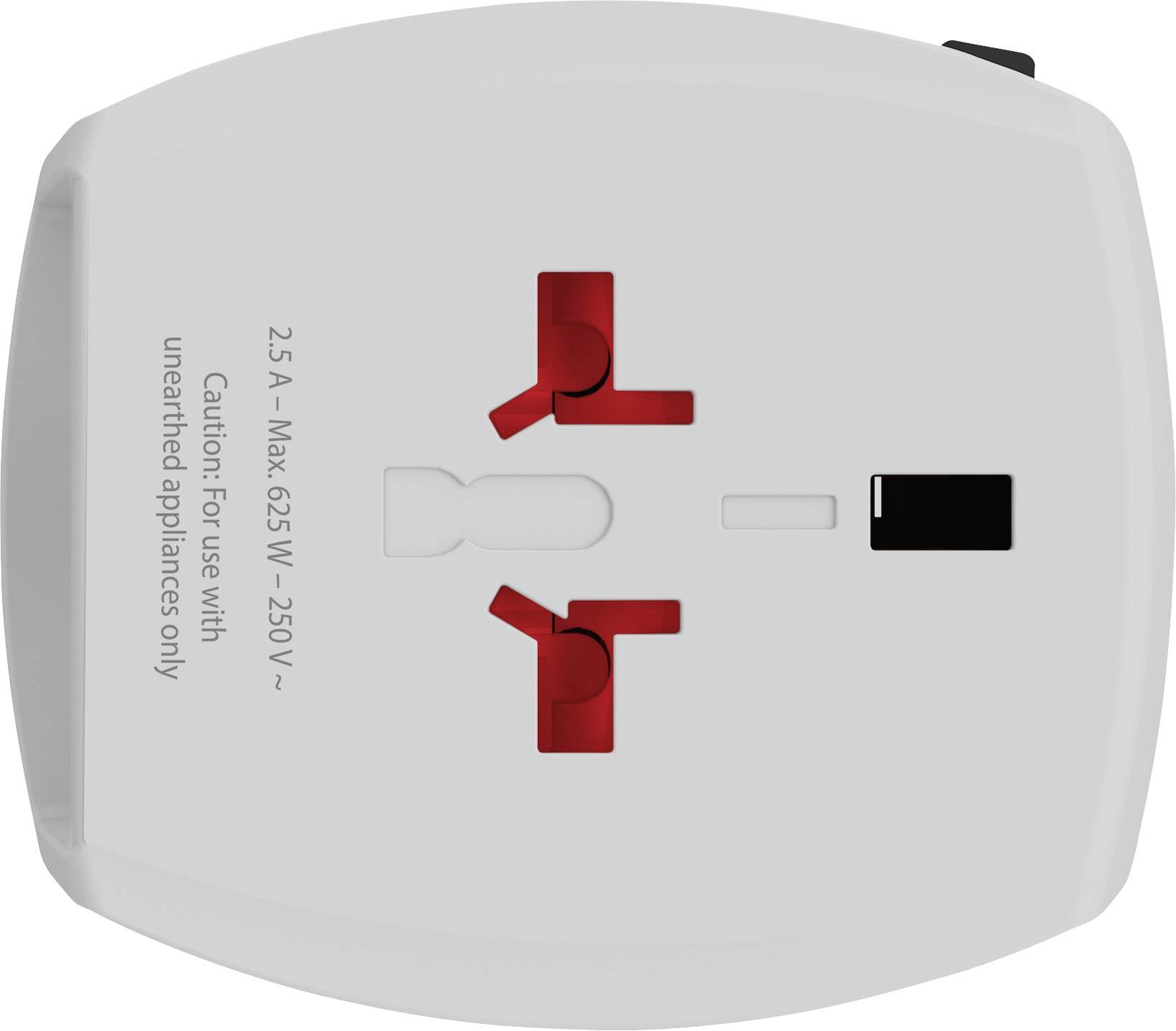 Ein weißer Adapter mit zwei roten Steckplätzen und einem schwarzen Schalter. Beschriftet mit '2.5 A Max 625 W 250 V'.