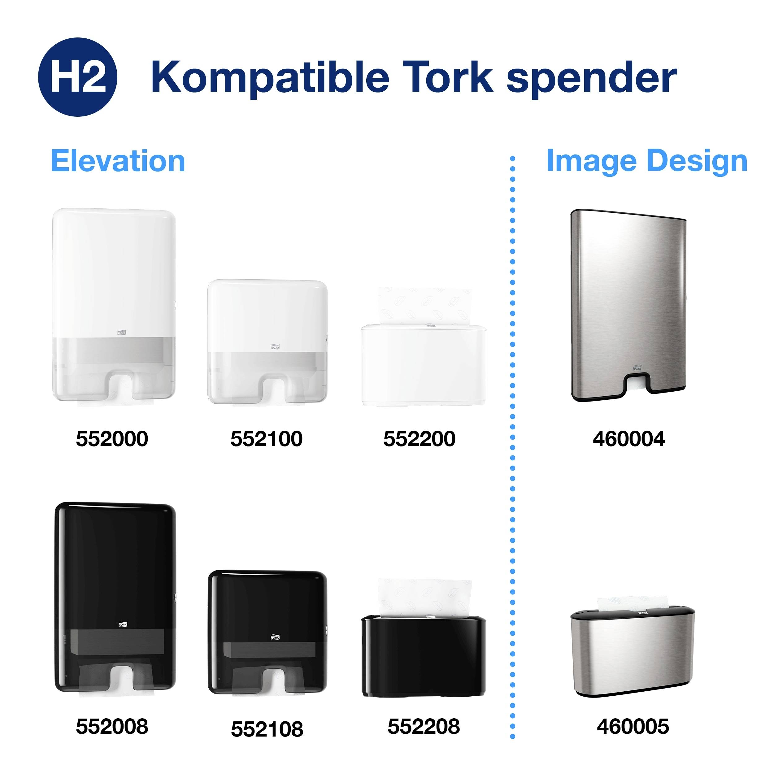 'Kompatible Tork-Spender: Elevation und Image Design. Modelle: 552000, 552100, 552200, 552108, 460004, 460005.'