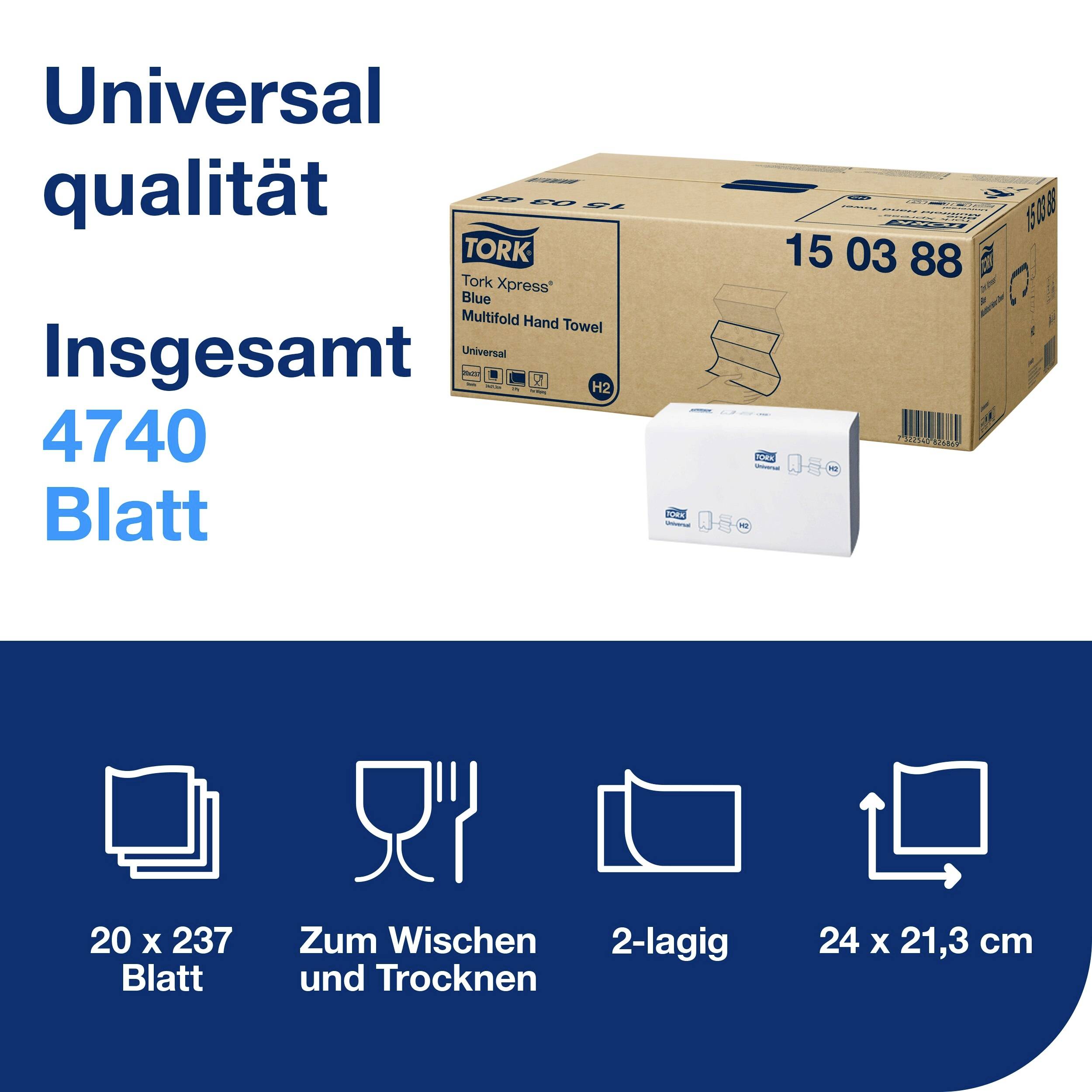 Karton Tork Papierhandtücher, blau. Text: 'Insgesamt 4740 Blatt'. Symbole: 20x237 Blatt, wischen/trocknen, 2-lagig, 24x21,3 cm.