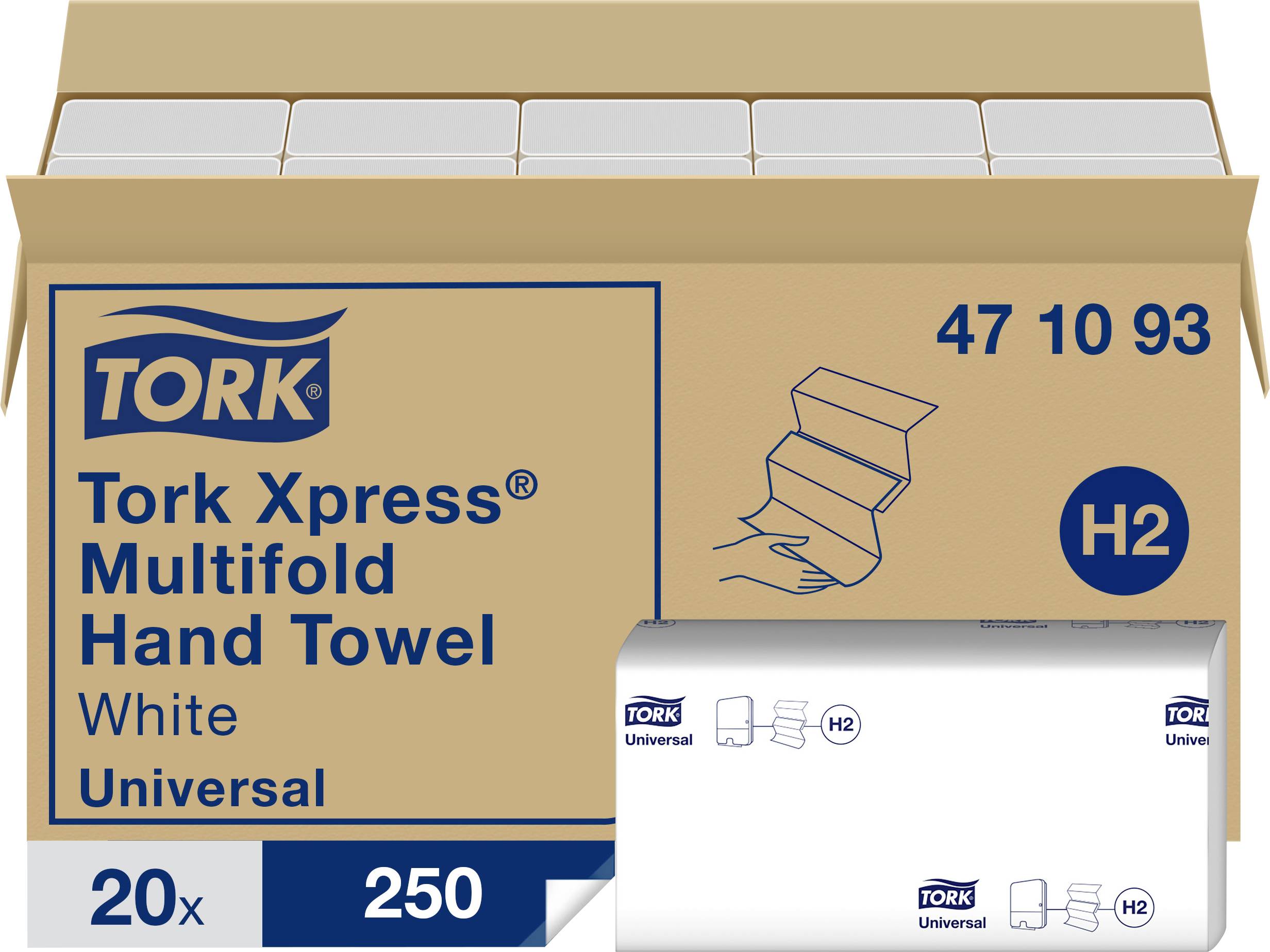Tork Xpress Multifold Handtuchspender, weiß, universelle H2-Handtücher, 20 Packungen mit je 250 Blatt, abgebildet im geöffneten Zustand mit sichtbaren gestapelten gefalteten Handtüchern.