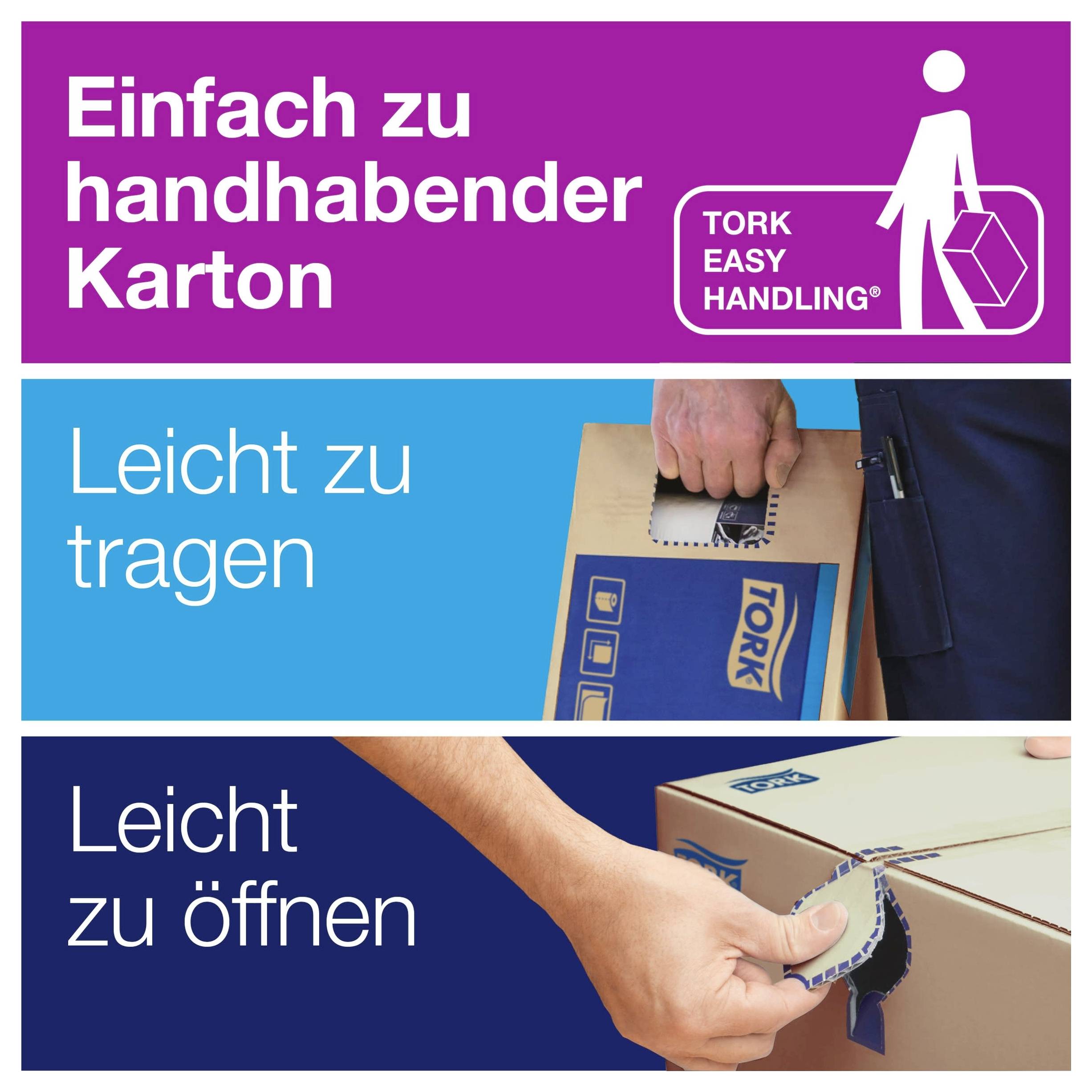 Dreiteilige TORK-Werbegrafik: oben 'Einfach zu handhabender Karton', darunter 'Leicht zu tragen' mit Tragegriff, unten 'Leicht zu öffnen' mit Aufreißlasche.