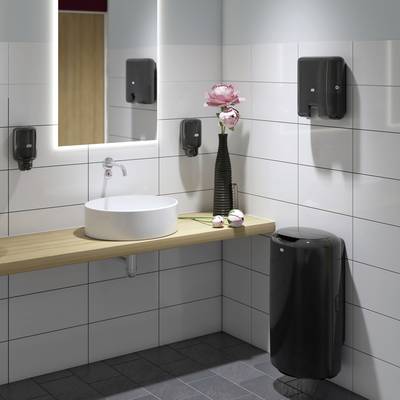Modernes Badezimmer mit Waschbecken, Spiegel, Handtrockner und schwarzen Accessoires. Eine Vase mit rosa Blume steht auf der Ablage.