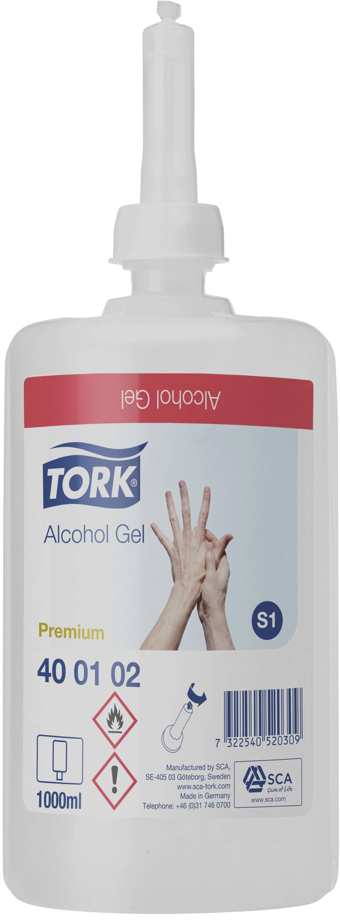 Desinfektionsmittelspender mit transparentem Gel. Aufschrift: 'Tork Alkohol Gel Premium'. 1000 ml Volumen. Enthält Warnsymbole.