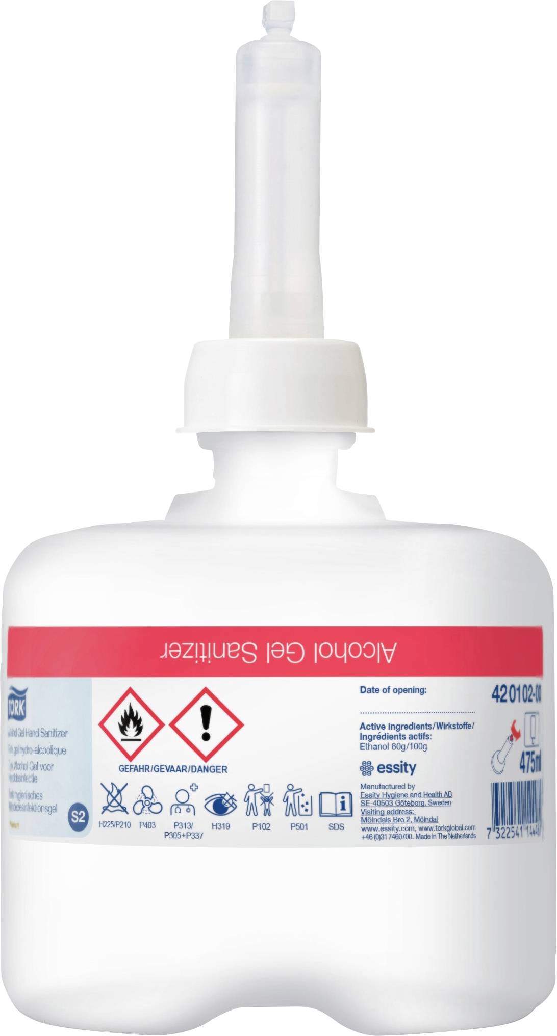 Ein weißer Behälter mit Spender, beschriftet mit 'Alcohol Gel Sanitizer'. Piktogramme für Gesundheitsschutz und Sicherheitshinweise.