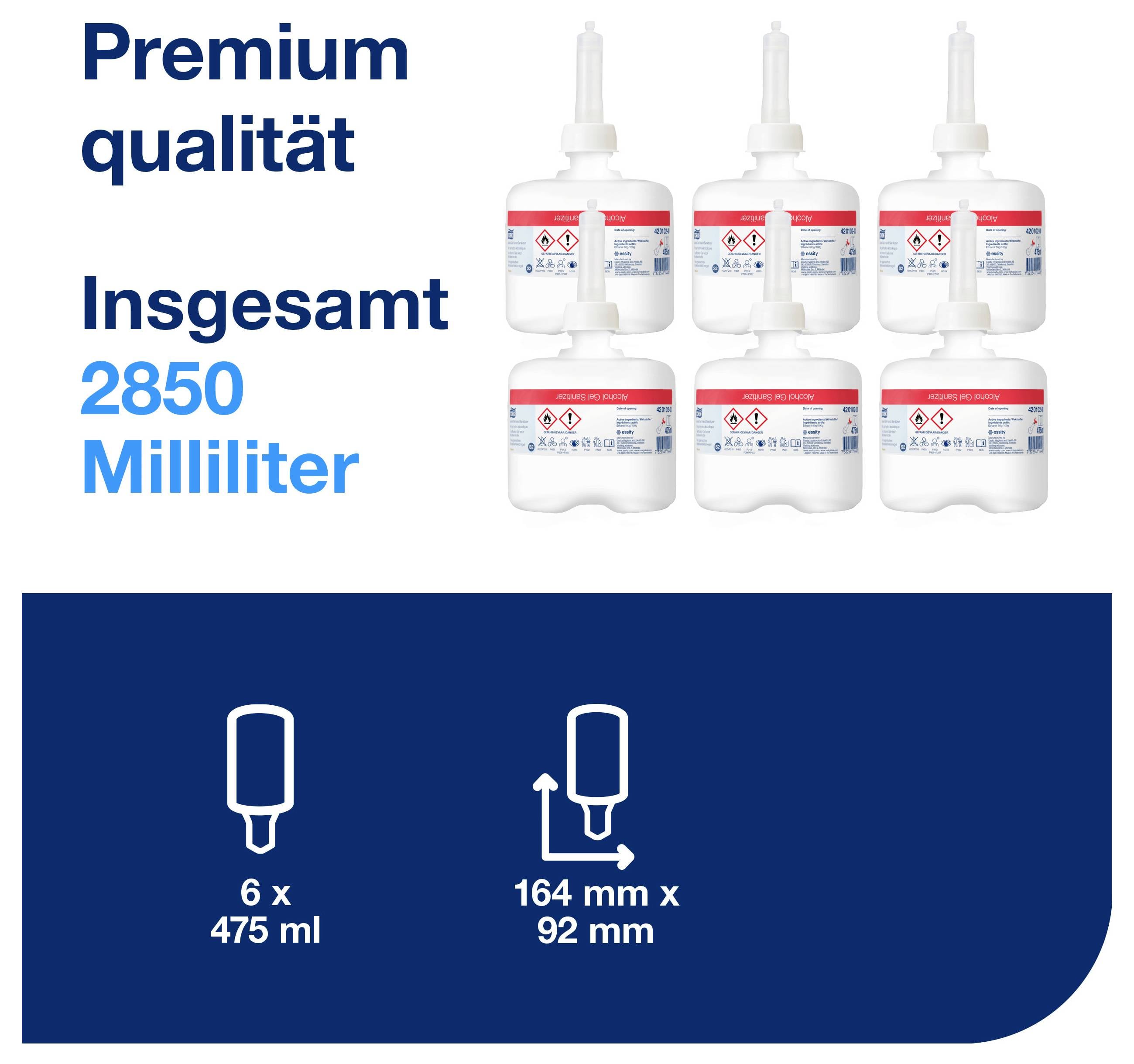 Produktgrafik mit sechs Klebegebinden: Premiumqualität, insgesamt 2850 Milliliter; unten Symbole für 6 x 475 ml und Maße 164 mm x 92 mm.