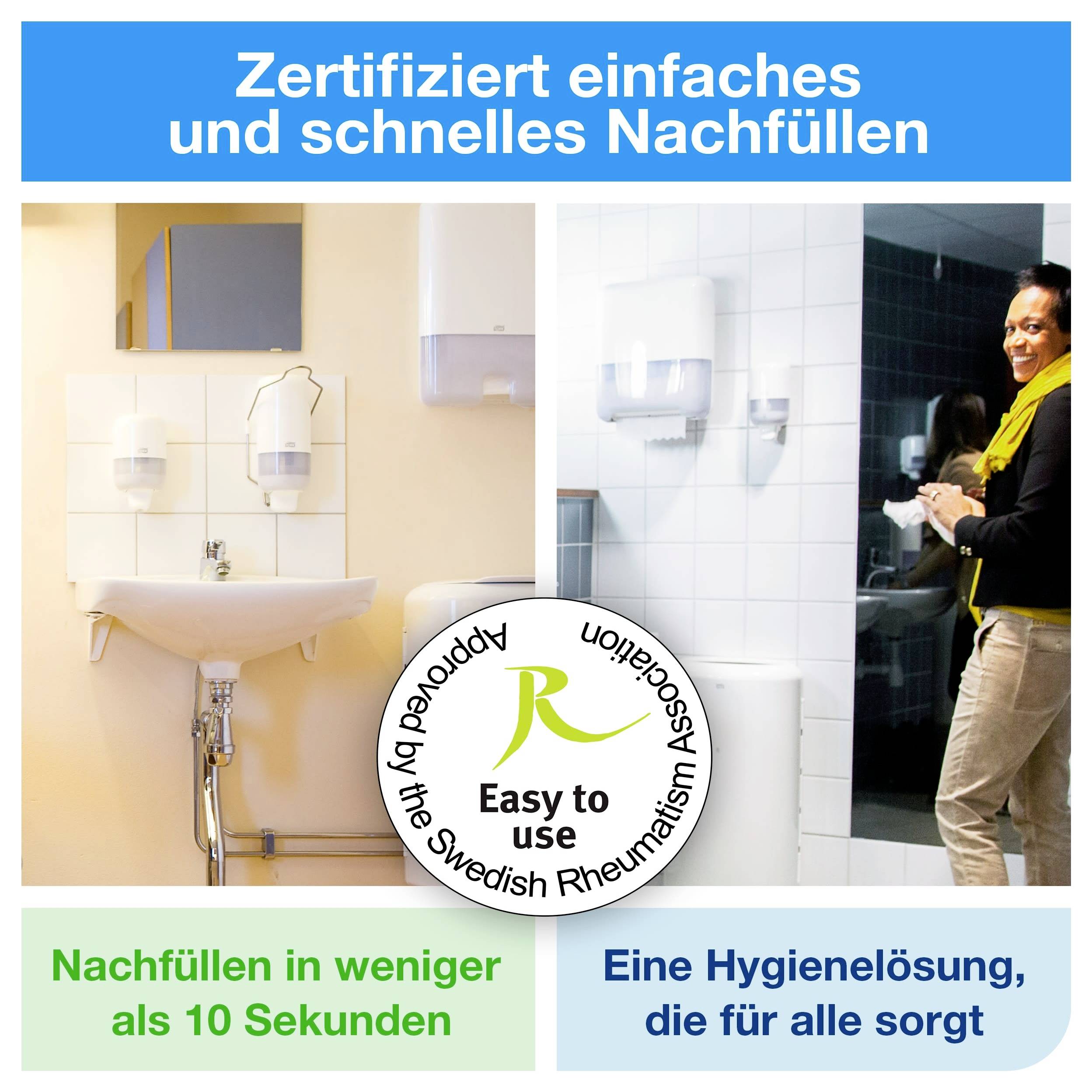 Werbeplakat für ein leicht nachfüllbares Hygienesystem: zwei Waschbecken mit Spendern, Siegel 'Easy to use'; Text: 'Nachfüllen in weniger als 10 Sekunden' und 'Eine Hygienelösung, die für alle sorgt'.