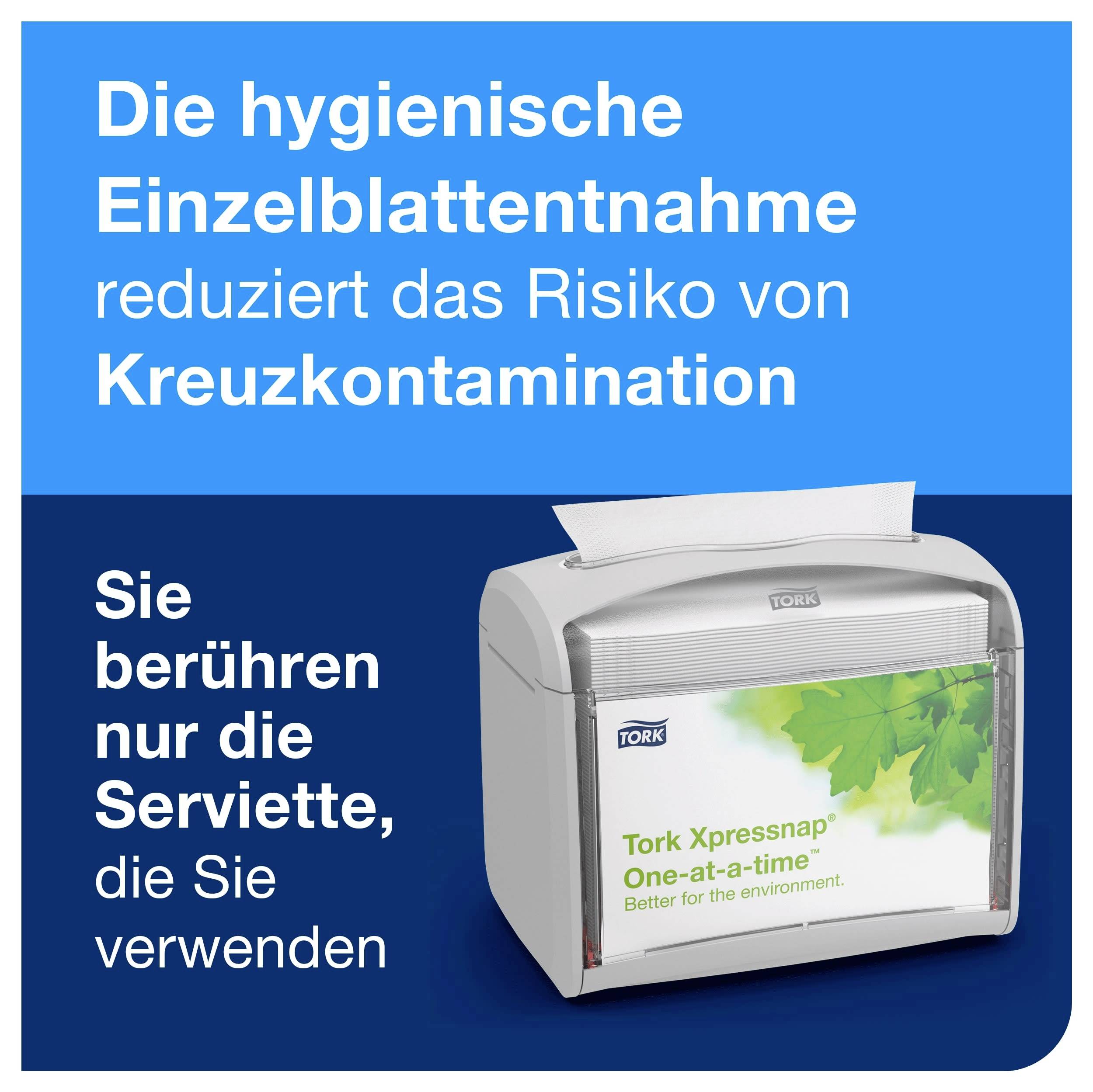 Werbung für Tork Xpressnap: hygienische Einzelblattentnahme reduziert Kreuzkontamination; man berührt nur die verwendete Serviette.<br>